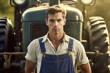 Portrait of a farmer standing in front of a tractor in a field in summer.