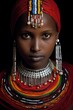 a high definition photograph of a beautifull young women massai worrior shy expression in beads and