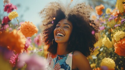 Wall Mural - Happy African American woman in a field of colorful flowers