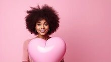 African American Woman With Heart Shape Air Balloon On A Pink Valentine Background