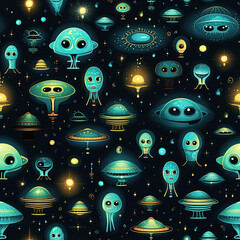 Wall Mural - seamless pattern texture with funny cartoon characters blue aliens in space on black background