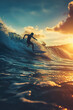 Surfer catching a wave at sunset, radiating joy and freedom.
