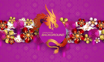Wall Mural - Chinese New Year. Flower garland with balloons and dragon on a purple background.