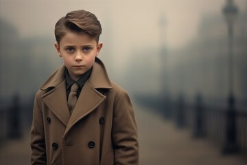 Wall Mural - A portrait of a boy in a coat on a foggy street.