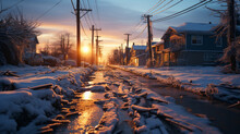 Empty Town Street Under Lots Of Fresh Snow And Ice Partly Removed In The Sunset With Street Light On And A Warm Lighting