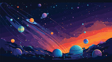 Beauty Of A Cosmic Panorama With A Vector Scene Portraying The Vastness Of Space. Celestial Bodies, Galaxies, And Cosmic Phenomena In A Harmonious 