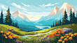high-altitude splendor of alpine flora and fauna in a vector scene featuring mountainous landscapes, alpine flowers, and hardy wildlife. 