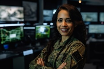 Wall Mural - Portrait of a beautiful female security guard in front of computer monitors