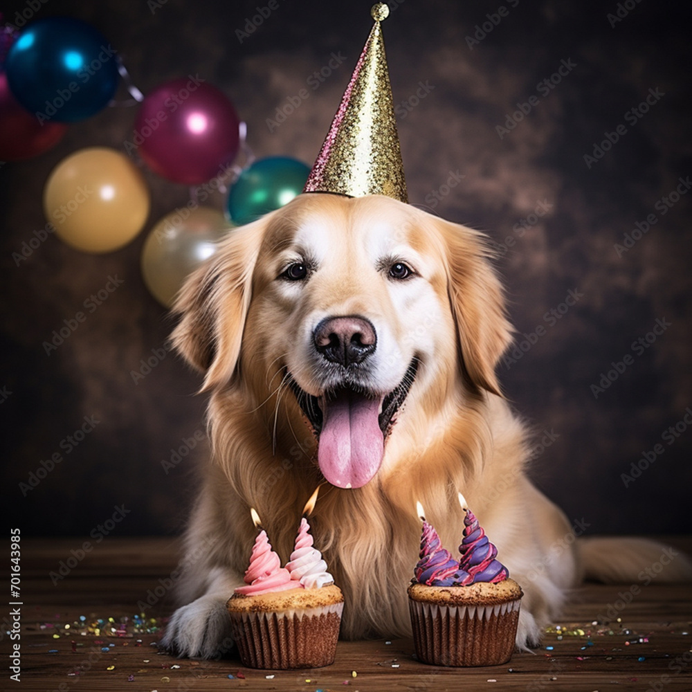 Happy cute dog golden retriever celebrating with birthday cake and ...
