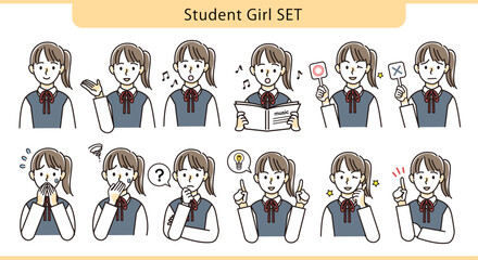 色々な表情・ポーズの女子学生 セット イラスト 素材