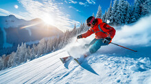 Alpine Skier In Action On A Sunny Mountain Slope, Ski Resorts, Off-piste And An Active Winter Holiday.
