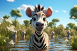 Cartoon cute zebra in nature. Illustration, AI Generative