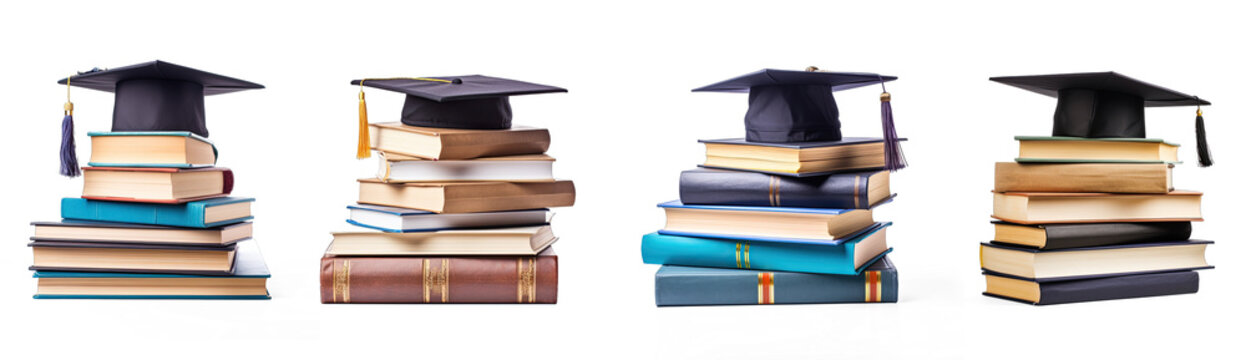 Collection of Books with cap and diploma transparent background
