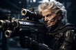 © Nerea - Portrait of an old woman with a machine gun in a dark room