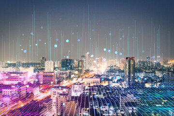 Poster - Bright glowing purple night city backdrop with digital data lines all over. Smart city, VR, AI and innovation concept. Double exposure.