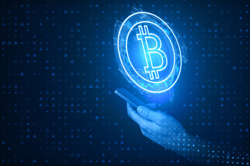 Poster - Close up of pixel hand holding smart phone with abstract bitcoin hologram on blue background. Cryptocurrency and finance concept.