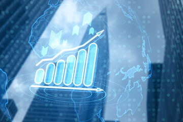 Aufkleber - Glowing business chart hologram on blurry city background. Financial plan graph. Double exposure.