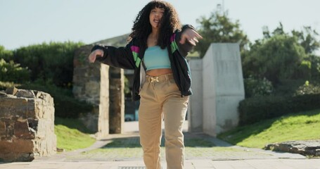 Wall Mural - Dance, fashion and a woman walking outdoor in a park during summer for freedom or movement in rhythm. Portrait, smile or energy with a happy young person moving to music in a garden for stress relief