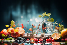 Healthy Lifestyle Background  With Various Citrus Fruits And Berries And Bottle Of Clear Water 