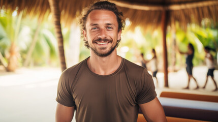 Wall Mural - Portrait of a happy and smiling man, yoga teacher in yoga retreat on tropical island