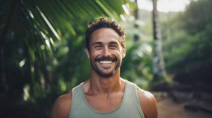 Wall Mural - Portrait of a happy and smiling man, yoga teacher on tropical island