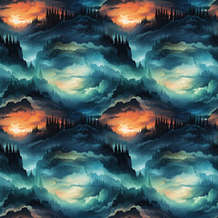 Wall Mural - landscape with green northern lights at night in the sky with stars with a seamless pattern on the b