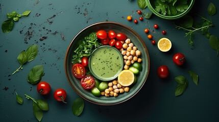 Wall Mural - Green cream soup with chickpeas and cheese. Healthy vegan dish, top view