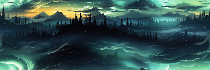 Wall Mural - panorama with green northern lights at night in the sky with stars with a seamless pattern on the ba