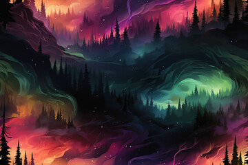 Wall Mural - landscape with multicolored northern lights at night in sky with stars with a seamless pattern on ba