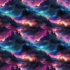 Wall Mural - landscape with purple northern lights at night in the sky with stars with a seamless pattern on the 