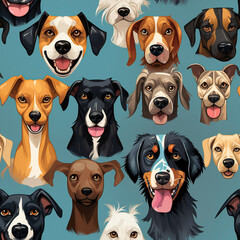 Wall Mural - seamless pattern with dog faces on blue background in pop art style
