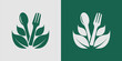 healthy food logo, emblem, sticker design with spoon,fork and leaf elements.