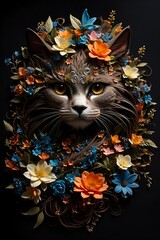 Canvas Print - Fantasy cat in colorful flower wreath, vector illustration on black background. Isolation background. Vector illustration, t shirt print