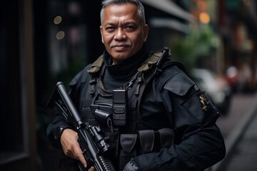 Wall Mural - Portrait of a security guard holding a assault rifle in a city