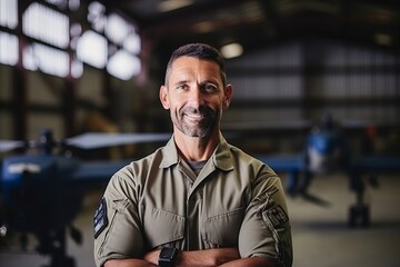 Wall Mural - Portrait of confident mature man standing with arms crossed in airplane hangar