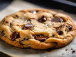 A closeup of a mouthwatering, freshly baked gooey chocolate chip cookie that is perfectly golden.