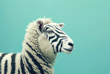 Sheep With Zebra Stripes On Pastel Blue Background. Ai Generative Art