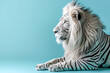 Lion with zebra stripes on pastel blue background. Ai generative art
