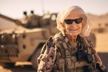 Wall Mural - Beautiful senior woman in military uniform and sunglasses standing in the desert