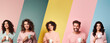 Collage Of People Portraits. women and men with coffee cup in hand on pastel background looking away to side with smile on face, natural expression. Laughing confident.