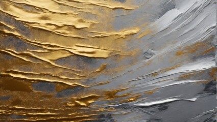 Wall Mural - Closeup of abstract silver and gold texture background. Visible oil, acrylic brushstroke, pallet knife paint on canvas. Contemporary art painting.	