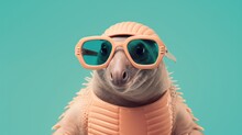 Imaginative Animal Idea. Armadillo Wearing Sunglasses Isolated On A Solid Pastel Background For A Commercial Or Journalistic Advertisement
