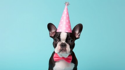 Wall Mural - imaginative animal idea. boston terrier puppy wearing a party dress with a cone hat, choker, and bow