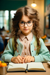 Wall Mural - Little girl with glasses sitting at table with book.