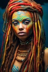 Sticker - Woman with dreadlocks and makeup painted in blue and yellow.