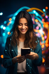 Sticker - Woman smiles while looking at her cell phone in front of colorful background.