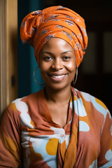 Poster - Woman with turban smiles for the camera.