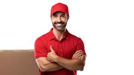 Wall Mural - Handsome delivery man on white background, Male postman courier, Shipment concept