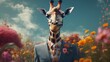 imaginative animal idea. Giraffe in a sharp suit, surrounded by a fantastical garden scene with blooming flowers. banner card for commercial and journalistic advertising