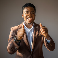 Portrait of happy businessman who is smiling and showing thumbs up.